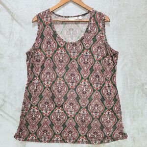 Susan Graver Womens Green Red Geometric Print Sleeveless Blouse Size 1X Boho